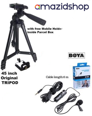Combo 2 - Original Boya M1 BY-M1 Mic with Original TF 3120 45 inch Black Tripod Stand with Free Mobile Holder in Discounted Budget
