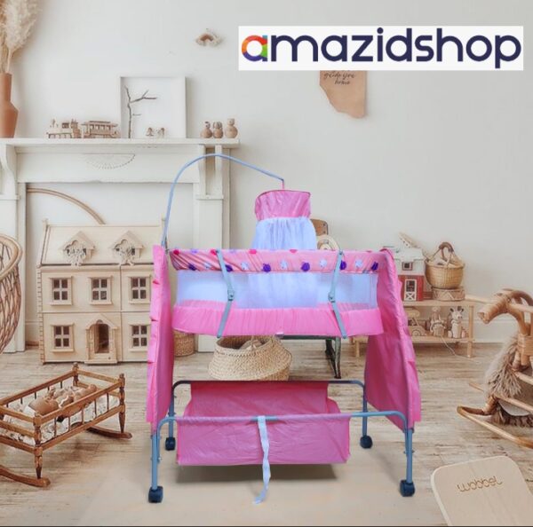 Baby Bed With Swing M88 In Metal Frame Cot & Cradle With Stand Support & Mosquito Net in Islamabad - Amazidshop, Pink