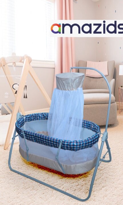 Baby Cradle Swing in Metal with Mosquito Net 3 step design skyblue