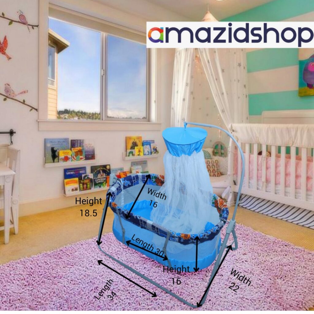 Baby cradle swing in metal with mosquito Net skyblue with diamentions 2