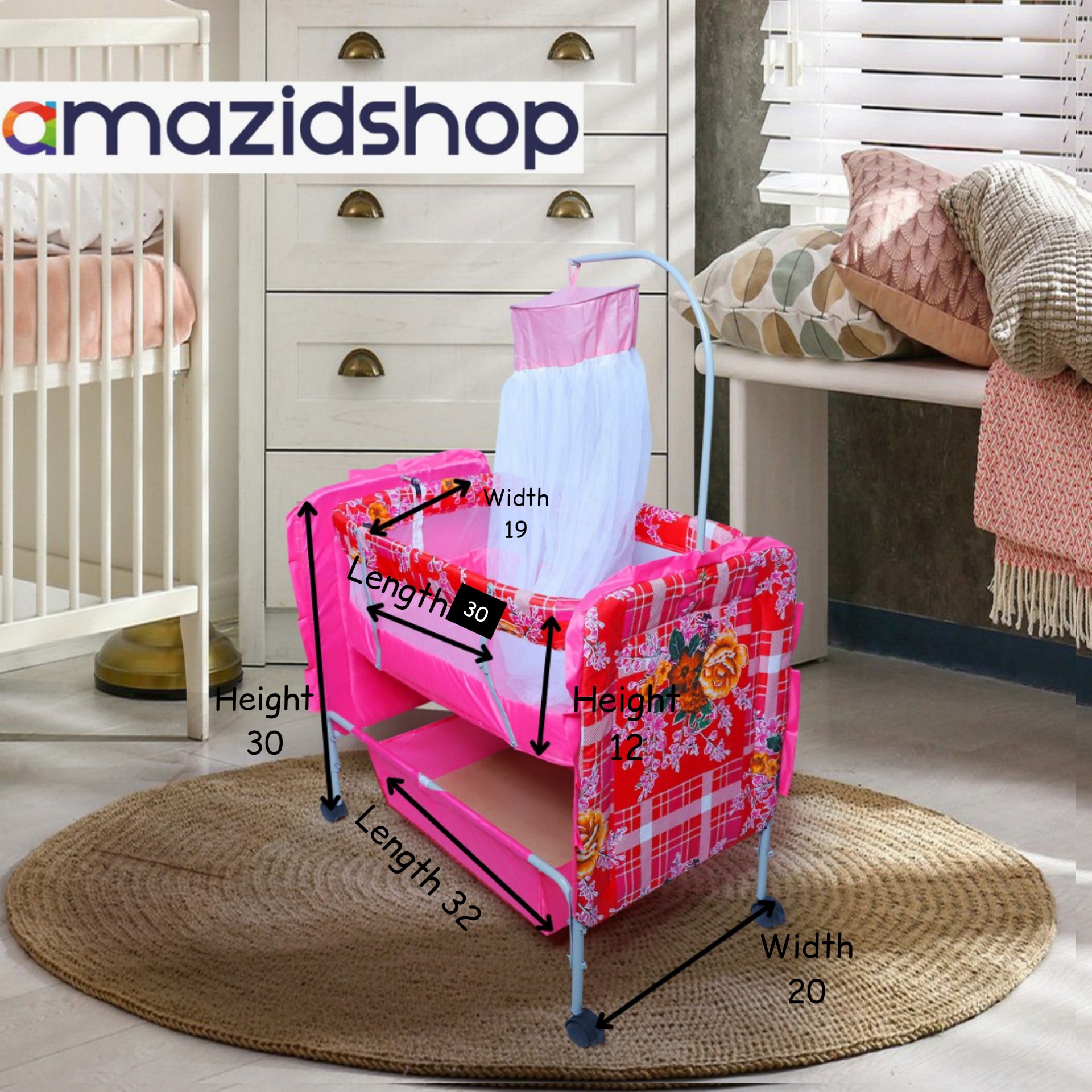 Baby Swing Cot & Cradle with Stand Support pink explained with diamention