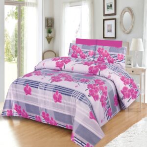 3Pc Printed King Size Double Bed Sheet pink flowers 2