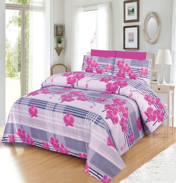 3Pc Printed King Size Double Bed Sheet pink flowers 2